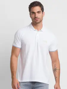 SPYKAR Men White & Blue Polo Collar Slim Fit Cotton T-shirt