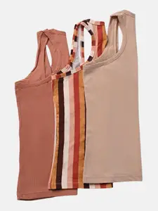 Butt-Chique Women Assorted Pack Of 3 Cotton Striped & Solid Camisoles