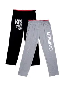 Fashionable  Boys Pack Of 2 Black & Grey Printed Relax-Fit Pure Cotton Track Pants