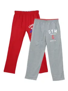 Fashionable Boys Pack Of 2 Red & Grey Printed Relaxed-Fit Pure-Cotton Track Pants