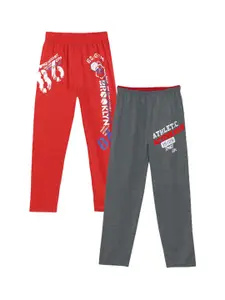 Fashionable Boys Pack Of 2 Red &Grey  Printed Relax-Fit Pure Cotton Track Pants.