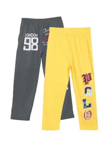Fashionable Boys Pack Of 2 Yellow and Charcoal Typography Printed Pure Cotton Track Pants