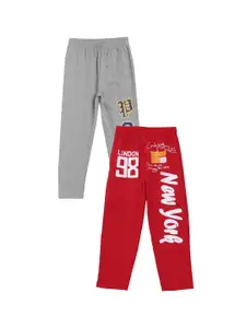 Fashionable Boys Pack Of 2 Red & Grey Printed Pure Cotton Relaxed-Fit Track Pants