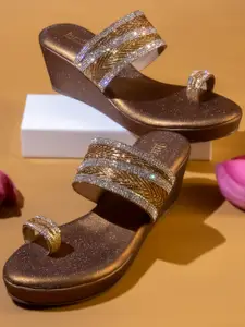Inc 5 Women Gold Embellished Ethnic Wedge Sandals