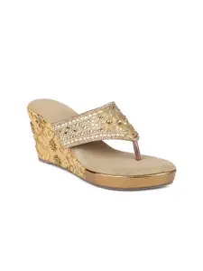 Inc 5 Gold-Toned Embellished Ethnic Wedge Heels