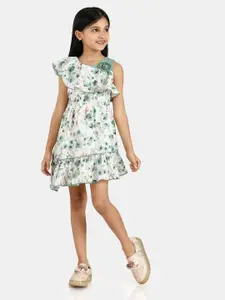 Peppermint Green & White Floral Printed Pure Cotton A-Line Dress