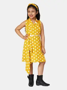 Peppermint Girls Mustard Yellow & White Polka Dots Cotton Sleeveless Wrap Dress