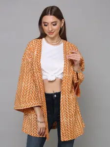 aturabi Women Mustard & Beige Printed Shrug