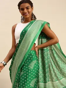 RACHNA Green & White Ethnic Motifs Chiffon Saree