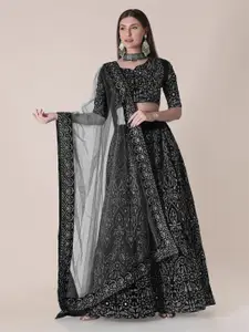 Warthy Ent Black & Silver-Toned Embroidered Thread Work Semi-Stitched Lehenga & Unstitched Blouse With