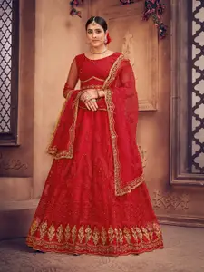 Warthy Ent Red & Gold-Toned Embroidered Thread Work Semi-Stitched Lehenga & Unstitched Blouse With Dupatta