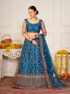 Warthy Ent Turquoise Blue & Red Embroidered Thread Work Semi-Stitched Lehenga & Unstitched Blouse With