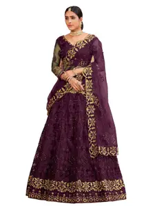 Warthy Ent Purple & Gold-Toned Embroidered Thread Work Semi-Stitched Lehenga & Unstitched Blouse With
