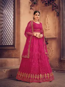 Warthy Ent Pink & Gold-Toned Embroidered Thread Work Semi-Stitched Lehenga & Unstitched Blouse With Dupatta