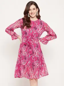 Fashfun Pink Floral Printed Chiffon Dress