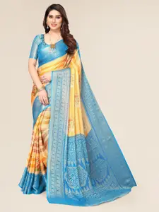 Winza Designer Women Turquoise Blue & Yellow Floral Zari Chiffon Brasso Leheriya Saree