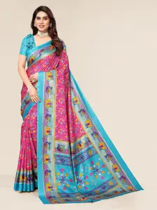Winza Designer Pink & Blue Ethnic Motifs Silk Cotton Mysore Silk Saree