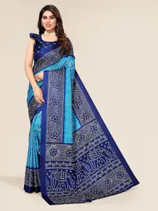 Winza Designer Turquoise Blue & Navy Blue Bandhani Silk Cotton Mysore Silk Saree