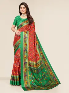 Winza Designer Red & Green Bandhani Zari Silk Cotton Mysore Silk Saree