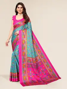 Winza Designer Turquoise Blue & Pink Ethnic Motifs Silk Cotton Mysore Silk Saree