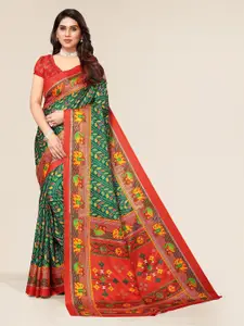 Winza Designer Green & Orange Ethnic Motifs Silk Cotton Fusion Mysore Silk Saree
