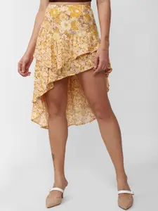 FOREVER 21 Women Beige & yellow Printed Polyester Floral High-low Skirt