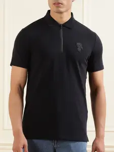 Karl Lagerfeld Men Navy Blue Polo Collar Half-Zipper T-shirt