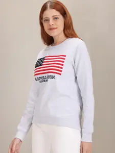 U.S. Polo Assn. Women U S Polo Assn Women Women Grey Melange Embroidered Cotton Sweatshirt