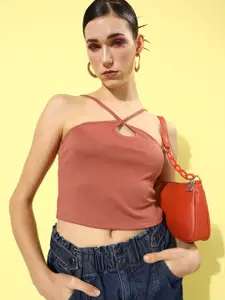 Moda Rapido Rosy Rust Solid Cut-Out Detail Emo 2.0 Strings Attached Crop Top
