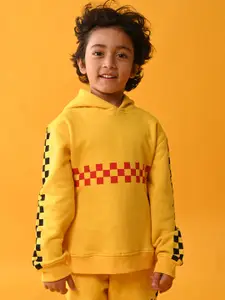 Anthrilo Boys Yellow Fleece Printed Hooded Sweatshirt