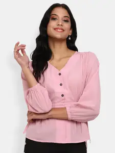 V-Mart Women Pink Solid V-Neck Pure Cotton Cinched Waist Top