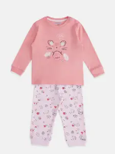 Pantaloons Baby Girls Peach-Coloured & Pink Pure Cotton Printed T-shirt with Pyjamas