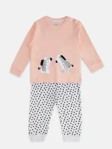 Pantaloons Baby Girls Peach-Coloured & Black Printed T-shirt with Pyjamas