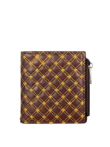 THE CLOWNFISH Women Brown & Yellow Geometric Textured Zip Around Wallet