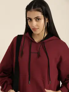 DILLINGER Women Maroon Solid Oversized Drop Sleeves Hooded Sweatshirt
