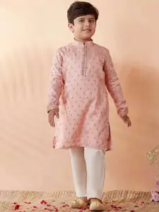 Manyavar Boys Peach-Coloured Woven Design Chanderi Silk Kurta with Pyjamas