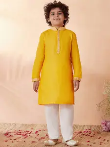 Manyavar Boys Yellow Solid Thread Work Kurta with Pyjamas