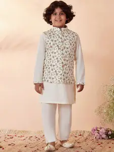 Manyavar Boys Off White Solid Linen Kurta with Pyjamas and Nehru Jacket