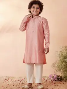 Manyavar Boys Peach-Coloured Floral Embroidered Thread Work Kurta with Pyjamas
