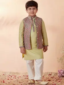 Manyavar Boys Kurta With Pyjamas & Printed Nehru Jackect