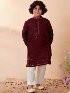 Manyavar Boys Maroon Embroidered Sequinned Silk Georgette Kurta with Pyjamas