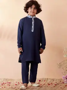 Manyavar Boys Navy Blue Printed Kurta with Pyjamas