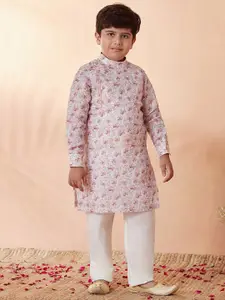 Manyavar Boys Off White Floral Printed Kurta with Pyjamas