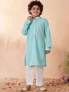 Manyavar Boys Blue Embroidered Kurta with Pyjamas