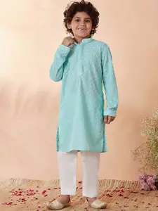 Manyavar Boys Blue Embroidered Kurta with Pyjamas