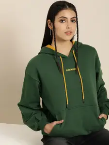 DILLINGER Women Green Solid Oversized Drop Sleeves Hooded Sweatshirt