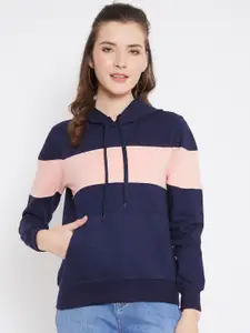JHANKHI Women Blue Colourblocked Hooded Fleece Sweatshirt