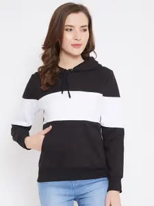 JHANKHI Women Black & White Colourblocked Hooded Sweatshirt
