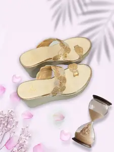 Jove Women Gold-Toned Embellished Wedge Sandals