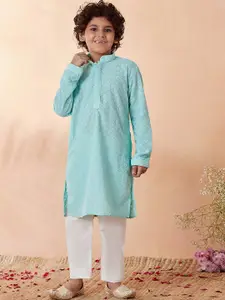 Manyavar Boys Blue Embroidered Kurta with Pyjamas